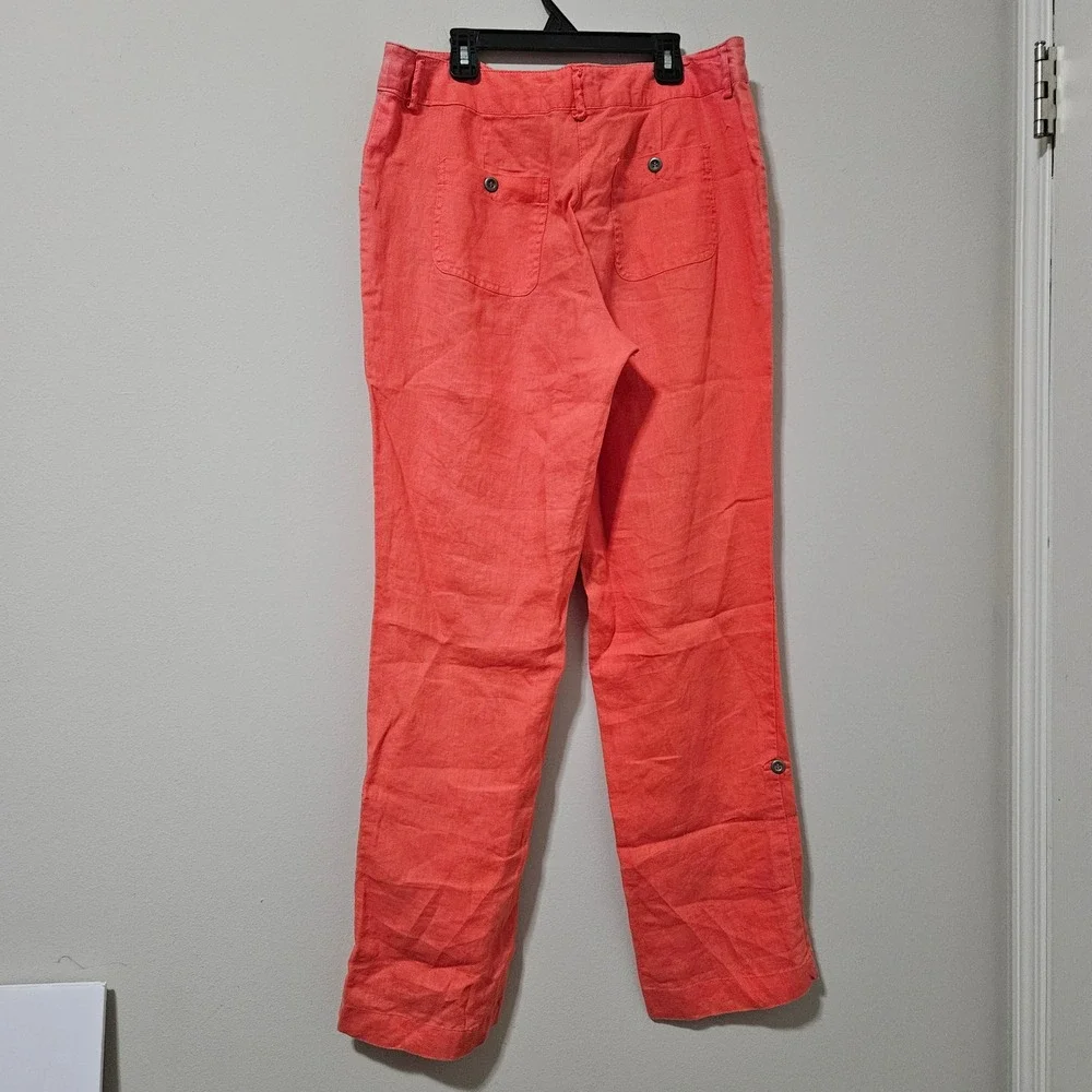 Willi Smith Women 10‎ Coral Orange 100% Linen Straight Leg Cargo Utility Pants